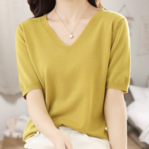 여성용 V넥 반팔 니트 스웨터