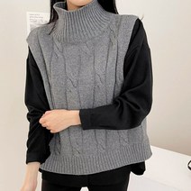 여성용 포슬 꽈배기 터틀 니트 조끼