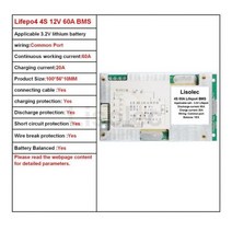 BMS 인산철 BMS 4S 12V 밸런스 60A 충전 방전 보호 보드 12.8V 18650 32650 Lifepo4 리튬 배터리 팩 보호 모듈, 01Lifepo4 4S 12V_0160A Common