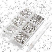 AD Beads 4300피스 플랫 백 네일 아트 라인스톤 라운드 비즈 6가지 사이즈 (26.5mm) 보관 정리함 상자 포함 폰 장식 공예 DIY용 피킹 펜 (혼합 색상) 441, Clear
