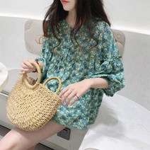 여름 빈티지 루즈핏 플라워 5부 블라우스 여성 셔츠