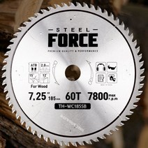 스틸포스 목공용 팁쇼 TH-WC185SB 7.25인치 60T 목재절단용 원형톱날 (185x20x2.0mm)