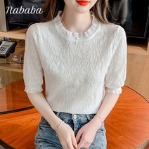 나바바 NK1283 여성 러블리 레이스 프릴 반팔 니트티