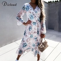 여성 패션 floral dress for women blue white print v