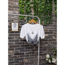 레이스 레이어드 스트라이프 반팔 니트