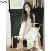 vsyoy Xunmeng Tassel 봄과 여름 새로운 광장 목 우아한 민소매 검은 술 드레스 여성용 니트 미디 드레스