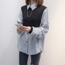 카라넥 겨울 가을 빅사이즈 미시옷코디 작은 키 디자인감각 긴 소매 패치워크 와이셔츠 뚱뚱한 스타일리쉬 3687332538