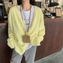 퐁순싸롱 브이넥 루즈핏 박시 형광 퍼 니트 가디건 SY