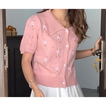 여성 플라워 자수 펀칭 카라 장미 단추 크롭 가디건 나들이 니트 숏카디건 여름 3컬러