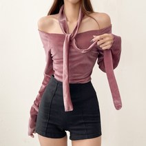 입꼬 노엘 벨벳 초커 오프숄더 긴팔 티2color