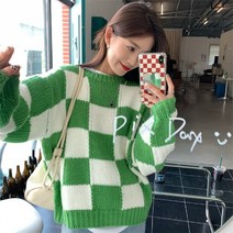 박시코트 그린 바둑판 모양의 물건 스웨터 여성 키치한 겨울 가을 니트상의 디자인감각 보이핏 볼륨 학원 2658716096