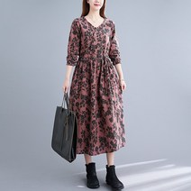 중년여성원피스 77사이즈원피스 가을 겨울 빅사이즈 복고풍 미디 면 린넨 40 50대