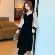 블링앤수 여성 도트 벨벳 플레어 롱 원피스 KZZ848