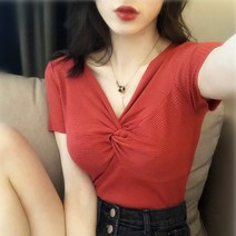 슬림 슬림 내부 백킹 셔츠 V-Neck 크로스 여름 짧은 소매 티셔츠 니트 셔츠