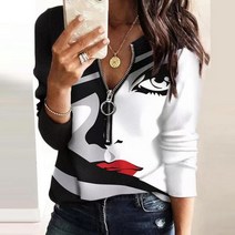 리본 여자 코듀로이 셔츠 루즈핏 롱 숏 흰색블라우스 빈티지 기하학 프린트 지퍼 블라우스 v넥 긴 소매 풀오버 탑 용 캐주얼 슬림 봄 가을 패션