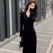 ZDD 홀터넥 롱 니트원피스 여성 브이넥 무지 슬림 옆트임 골지 가을겨울 5컬러 M~9XL