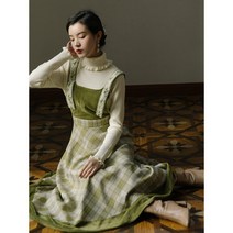 프렌치 체크 연두색 멜빵 원피스+베이지 스웨터 투피스