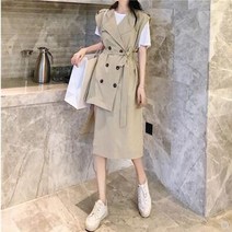 프렌치 슬림핏 트렌치 원피스 벨트 언밸런스 조끼