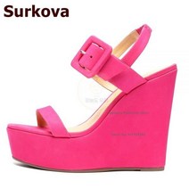 Surkova-스웨이드 웨지 힐 플랫폼 샌들 빅 스퀘어 버클 스트랩 슬링백 여름 드레스 슈즈 탄성 밴드 퍼플 그레이 핑크