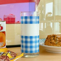 레트로 체크 유리컵 홈카페소품 380ml, 블루