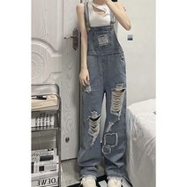 여름 투 여자 점프수트 슈트 미국 틈새 레트로 찢어진 데님 바지 봄 경기 다리 점프