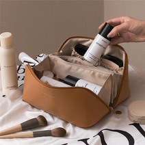 수납장 책장여성용 대용량 여행용 화장품 가방 휴대용 가죽 메이크업 파우치 방수 욕실 세척 다기능 세면, 01 Brown-logo