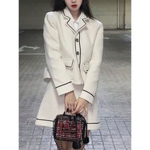트위드 투피스 가을 겨울 여성 정장 캐주얼 사무 작업복 긴 소매 모직 자켓과 허리 스커트 2 조각 세트
