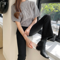 리엘라 파드렌 하이넥 꽈배기 퍼프 반팔 니트