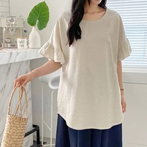 [아이슈즈] 루즈핏 레이스소매 라운드 린넨 면혼방 블라우스 1102848