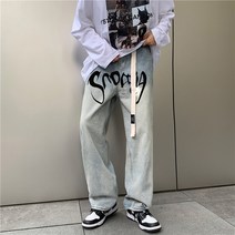 가을에 낡은 청바지 만들기 남성 패션 힙합 트렌드 복고 와이드 스트레이트 알파벳 프린트 캐주얼 와이드 팬츠