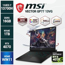 [백팩 증정] 2023년 2월 신제품 MSI Vector GP77 13VG 인텔 13세대 i7-13700H RTX4070 240Hz QHD 노트북, WIN11 Home, 16GB, 1TB, 코어i7, 블랙