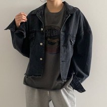 드마랑 / 커팅 크롭 루즈핏 남녀공용 흑청 데님 자켓 점퍼