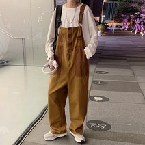 Baiwife 멜빵바지 와이드 점프슈트 작업복 바지 와이드 팬츠 아버님 바지 ins 같은 멜빵바지 남녀