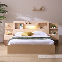 상일리베가구 호텔 로이스 LED 멀티수납 침대+독립 매트리스 세트 SSQK, 메이플