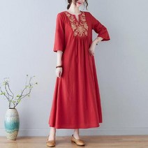 라오농 봄과 여름 자수 코튼 린넨 드레스 느슨한 깊은 V 넥 수 놓은 긴 드레스 LL +04F5rQf6U