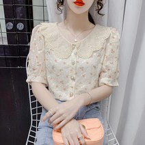 도니와 여성 레이스카라 꽃무늬 반팔블라우스 데이트룩 예쁜블라우스 캠퍼스룩 소개팅룩 플라워블라우스 피크닉룩 꽃놀이패션 출근패션 데일리룩 리조트룩 여름블라우스 편한블라우스 진주블라우스