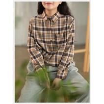 면 체크 셔츠 봄 빈티지 루즈핏 여 긴팔 셔츠 일자 상의