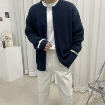 스트릿제이 하찌 소매 띠 배색 라운드 이중 니트 집업