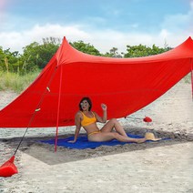 Red Suricata Family Beach 텐트 및 해변 캐노피 UPF50 햇빛 가리개 알루미늄 폴 4개가 있는 앵커 4개 모래 삽 대형 휴대용 가리개 방수포 (라지 레