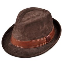남성 가죽 스웨이드 암소 피부 Nubuck 브라운 Fedoras 모자 여성 신사 남성 재즈 힙합 팝 모자 56-60cm 장착 모자