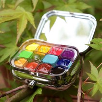 휴대용 미니 물감 소형 원목 파레트 우드 드로잉 그림 수채화 포장 철 상자 색 미니 휴대용 페인트 상자 팔레트, 사소한 흠집이 있는 비 인공물