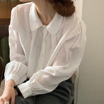 로드 봄 여자 귀여운 둥근카라 핀턱 셔링 퍼프 숏 크롭 셔츠 블라우스 오간자 하객 오피스룩