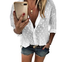 여성 패션 깊은 V 넥 라운드 물방울 무늬 캐주얼 긴 소매 셔츠 탑 화이트 L 사이즈
