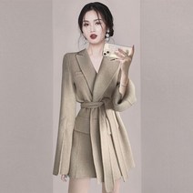 블랙 오트밀 베이지 모직 럭셔리 벨티드 정장 하프 코트