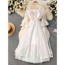 자켓 원피스 세트 플라워 자수 레이스 투피스 여성 진주 스트랩 롱 숄 코트