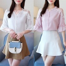 여성 네츄럴 여신핏 프릴소매 레이스 큐티 블라우스