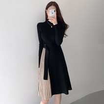 니트 플리츠 배색 플레어 허리 라인 벨트 원피스 드레스 미디 롱