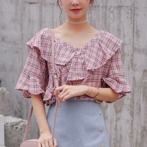 체크 블라우스 프릴 유니크 데일리 러블리 스타일