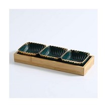 접시 그릇 IOLMNG 그린 골드 림 세라믹 과일 플래터 크리에이티브 포세린 스낵 디저트 플레이트 천연 대나무 서빙 트레이 홀더 식기 Size 2 pieces