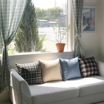 빈티지 오션블루 체크 무지 사각 쿠션 4colors, 커버, 베이지무지